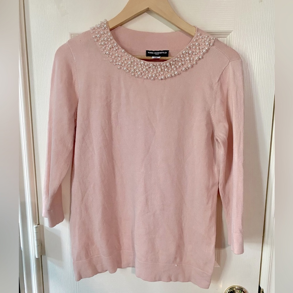 Karl Lagerfeld pink pearl scoop neck 3/4 sleeve sweater size S